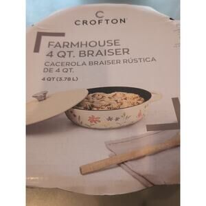 NWT Crofton 4 Qt Cast Iron Enamel Braiser Floral Cream Lid Handle And Spatula